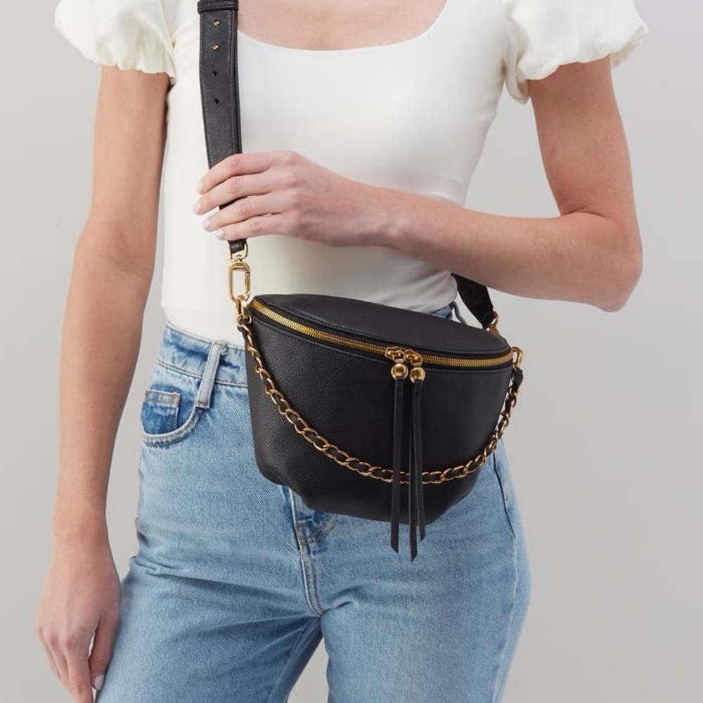 New HOBO Black pebbled soft Leather Chain Bag SLing belt bag purse crossbody